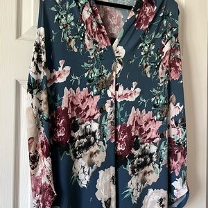 Beacon Floral Sleeveless V-Neck Blouse Teal Pink Flowing Top